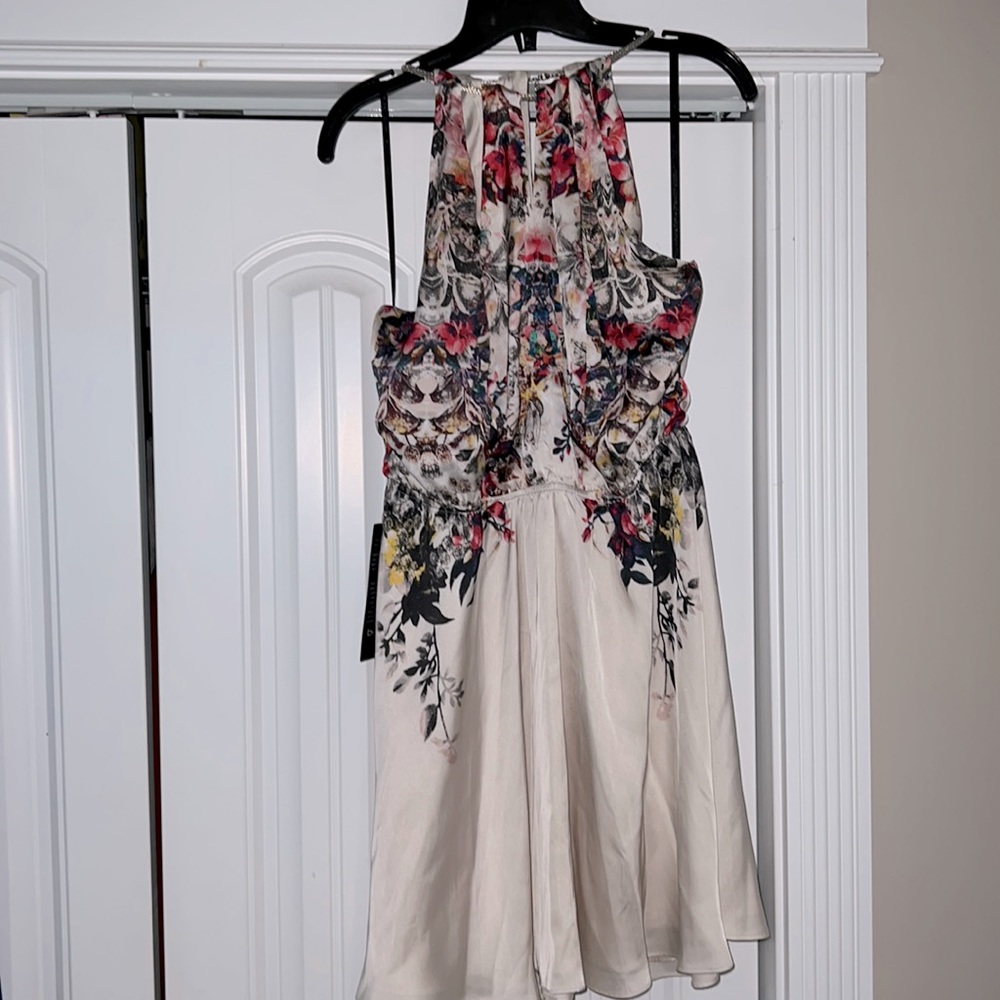 Satin floral multi keyhole dress by BeBe